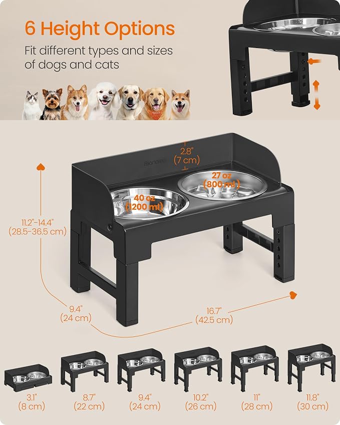 Feandrea Dog Bowls Elevated, Adjustable Height, Tilted Design | Raised Stand, 1 Slow Feeder, Two 304 Stainless Steel Bowls, Ink Black, BOXAL Collection UPRB104B101 - Image 6