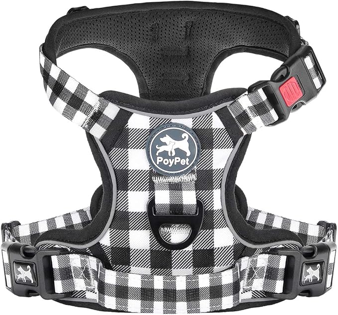 PoyPet Plaid Dog Harness Large, No Pull Vest with Front Clip & Neck Buckle | Padded Handle, Reflective, No Choke, Lockable, 2 Leash Rings, Full Adjustable, for Training Walking, XL, Grid by PoyPet