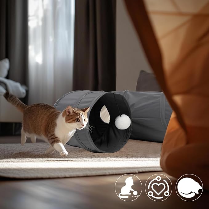Cat Tunnel, 2-Way Collapsible Cat Tube with Interactive Peek-A-Boo Hole, Toy Ball, and Rope – Ideal for Indoor Cats, Kittens, and Rabbits (Dark Gray) - Image 6