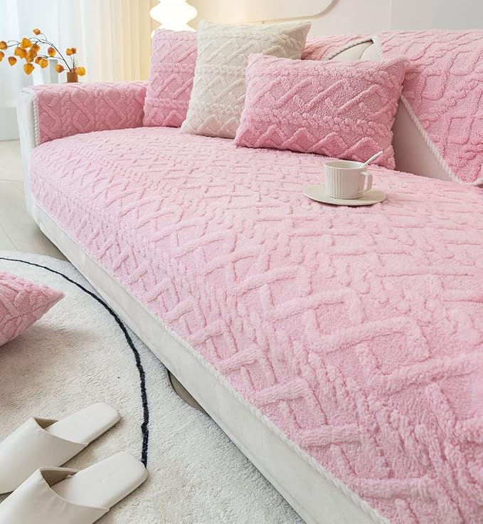 vctops Geometric Jacquard Plush Sofa Couch Covers Farmhouse Neutral Non Slip Sectional Couch Cover Soft Warm Sofa Slipcover for Dogs, Children, Pets Furniture Protector (Pink,36"x63") - Image 6