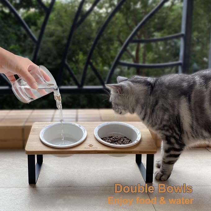 Sunhoo Ceramic Elevated Cat Bowls Raised Puppy Dishes for Food and Water Tilted Wooden Stand for Indoor Cats 5.5 inch Wide Double Dish Orthopedic Reduces Vomiting (Wood Color) - Image 3