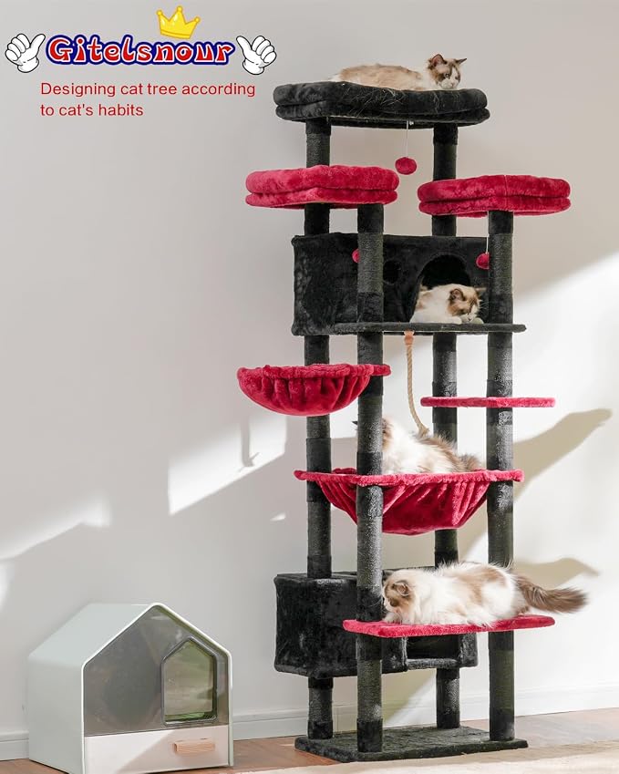 Cat Tree, 74" Tower for Large Cats, Big Condo Hammock CCT030BR | Heavy duty, 3 Big Platforms, 2 Baskets, 2 Condos, Multi-Level Cat Scratching Posts, Indoor Cats Large Adult, Black and red - Image 2