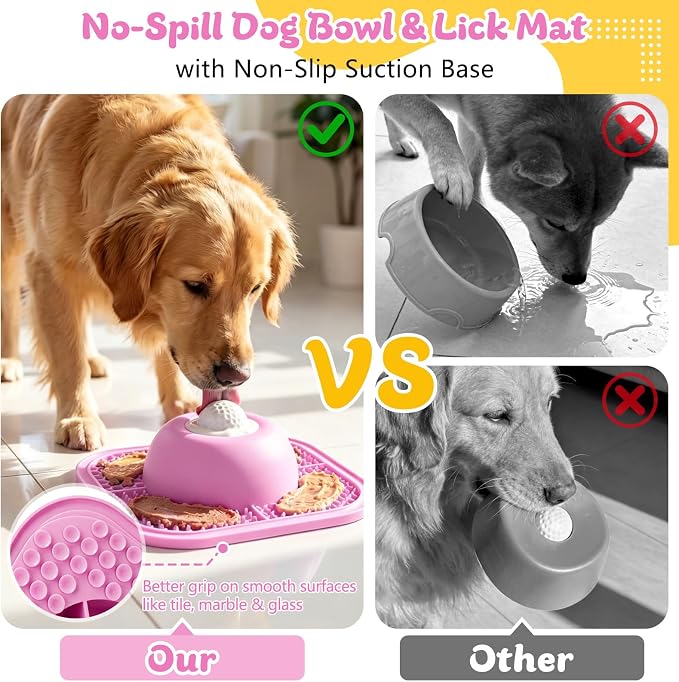 Slow Feeder Dog Bowls & Lick Mat for Liquid and Thick Treat, Anti-Slip Dog Lick Bowl with Interactive Rolling Ball, 5/6 Cup Pup Licking Toy for Large Medium Small Dogs and Cats-Large Pink - Image 5