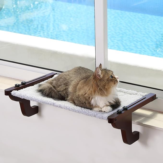 Zakkart Easy Seat Cat Perch for Window Sill - Hammock Design w/Premium Wood & Robust Metal Frame - Cat Window Seat for Large Cats and Kittens (Dark Stained Wood w/Gray Bed, Medium (23''W x 14''D)) by Zakkart
