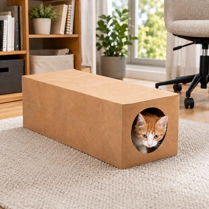 JO! Collapsible Paper Cat Tunnel, Crinkle Hideaway Toy for Indoor Cats | 100% paper, 24.4 x 10.6 x 8.7 in, Brown, Roomy for adult cats, For hiding, pouncing and hide-and-seek play - Image 7