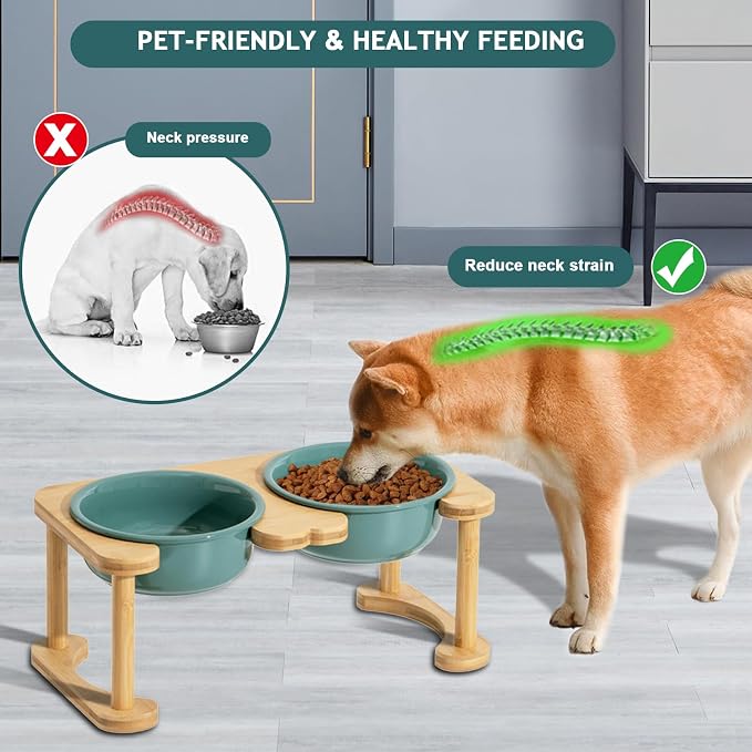 Ceramic Elevated Dog Bowls, Raised Pet Food and Water Bowl Set, Dark Green | Feed Tray For Small and Medium Breeds, 6.9" Wide Double Modern Porcelain Bowls, 6.3" High Wooden Stand, Non-Slip, 28Oz/800ML - Image 2