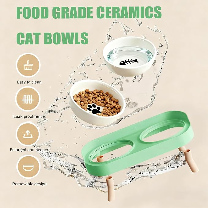Elevated Cat Bowls, 2 Ceramic Raised Cat Food and Water Bowl Set, Prevent Cat Chin Acne, Whisker Fatigue Friendly, Splash Proof & Dishwasher Safe for Indoor Cats and Small Dogs - Green - Image 4