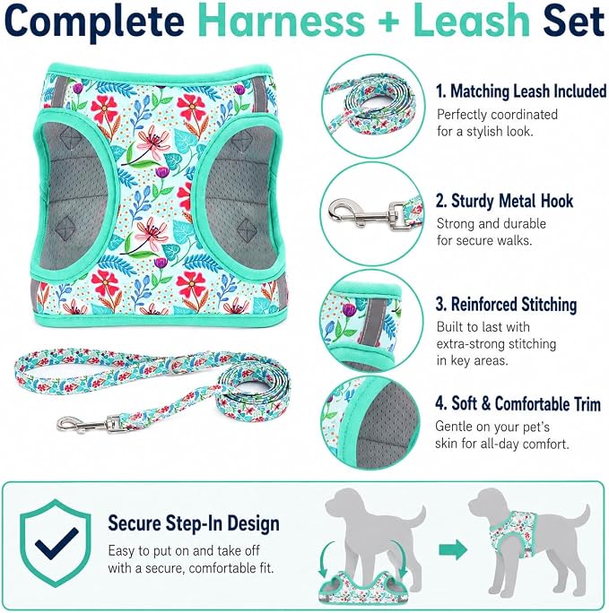 Step in Dog Harness Leash Set- All Weather Reflective No-Pull Floral Pattern Padded Mesh Vest Harness for Cats Puppy Extra-Small Small Medium Large Dogs - Verdure Flower - XXS - Image 2