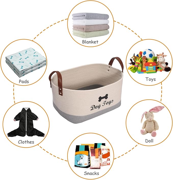 Geyecete X-Large Cotton Rope Dog Basket with Leather handle Blanket Storage Basket Decorative Clothes Hamper Basket | Extra Large Baskets for Blankets or Laundry-Beige/Gray - Image 5