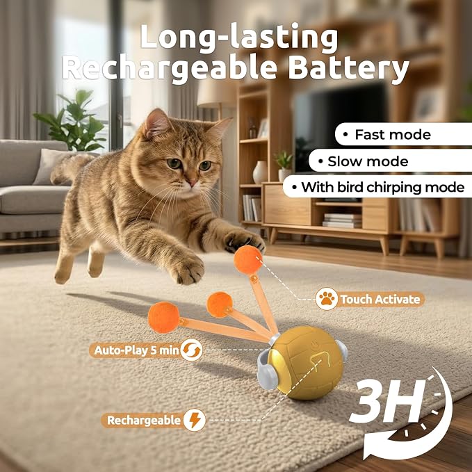 Cat Toys for Indoor Cats, Interactive Cat Toy Ball with Pom-Pom Tails, Automatic Cat Toy Self Play Exercise Toy to Relieve Boredom for Kitten & Adult Cats (Orange) - Image 4