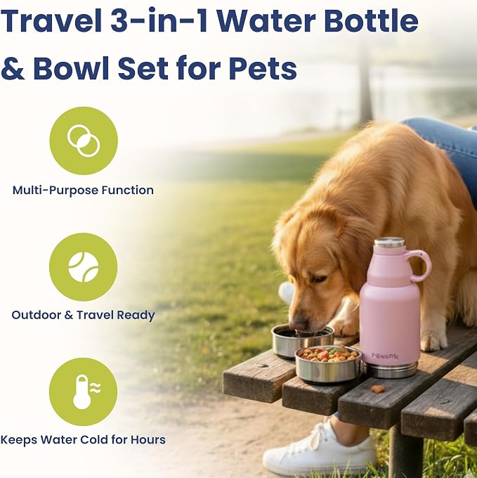 PawsPik 3-in-1 Travel Dog Water Bottle & Bowl Set, 32oz, Pink | Stainless Steel Vacuum-Insulated Bottle with Detachable Food & Water Bowls, Leak-Proof, Keeps Water Cold 12hrs/Hot 6hrs - Image 2