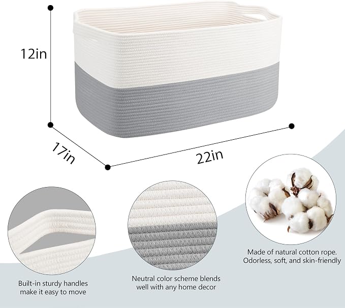 MEGASKET Extra Large Laundry Basket, Rectangle Woven Cotton Rope Storage Basket with Handles, Wicker Laundry Hamper, Farmhouse Storage Bin for Blankets Clothes Toys, Grey, 22" x 17" x 12" - Image 2