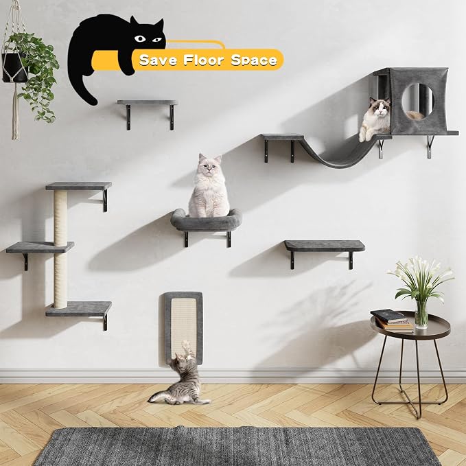 Wall Mounted Cat Furniture, 6 Pcs Cat Wall Shelves | with Condo House, Bridge, Steps, Scratcher, Hammock, Indoor Safe & Stable Furniture for Kittens Play, Dark Gray - Image 6