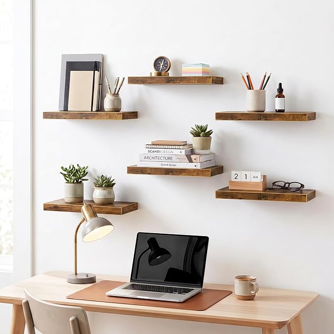 Fixwal Floating Wall Shelves for Decor (Rustic Brown, Set of 6, 15.7 Inch) | MDF Shelves with Metal Brackets, Space Saving for Books, Decor, Works in Bathroom, Kitchen, Living Room, Bedroom - Image 4