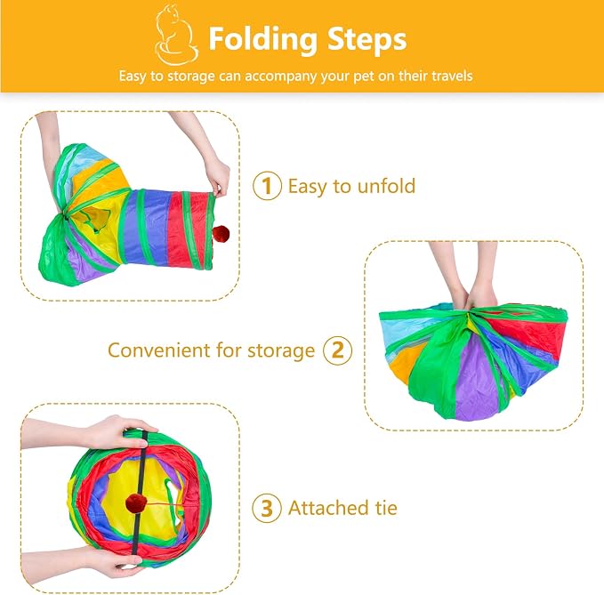 3 Way Cat Tunnel Collapsible Fun Pet Play Tube Toys for Cats, Kittens, Puppies & Rabbits - Portable Tunnel with Hanging Ball for Indoor Play, Hideout & Exercise - Image 3