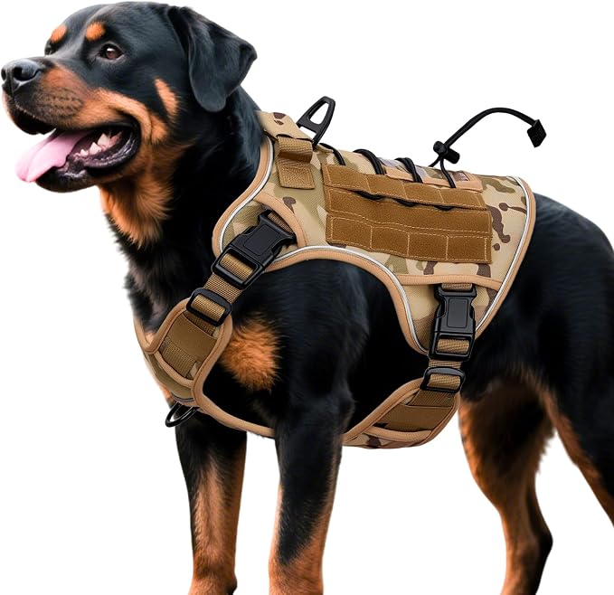Heavy-Duty Tactical Dog Harness for Large Dogs, No Pull Adjustable Reflective Pet Vest with Molle System, K9 Military-Grade Control for Service Training, Outdoor & 10+ Breeds, Desert Camo, X-Large by Bruvoalon