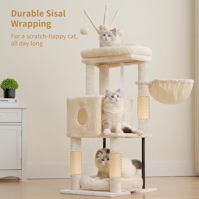 Heybly Cat Tree, 45.3" Cat Tower for Indoor Cats with Large Perch HCT202SM | All-in-One Cat Furniture with Cozy Bed, Hidden Space Cat Condo, Comfy Hammock, Scratching Posts & 3 Pompoms, Beige - Image 8