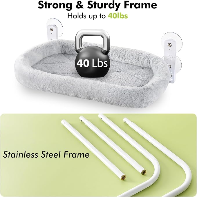 AMOSIJOY Cordless Cat Window Perch, Cat Hammock for Wall with 4 Strong Suction Cups, Solid Metal Frame and Two Replaceable Covers, Foldable Cat Beds for Indoor Cats (Large-Cushion Bed-Gray) - Image 6