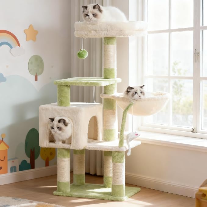 Heybly Cat Tree with Toy, 43.3 inch Cat Tower for Indoor Cats HCT004SGM | Cat Condo with Durable Sisal Scratching Posts, Cat House with Padded Plush Perch, Cozy Hammock, Green and Beige by HEYBLY
