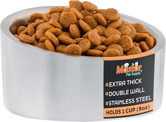 Master Pet Supply Stainless Steel Slanted Dog Cat Food Bowl 8 oz Stainless | Heavy Duty Double Wall Insulated, Non-Slip Elevated Bowl for French Bulldogs, Pugs, Cats, Anti Rust, Dishwasher Safe by MasterPetSupply