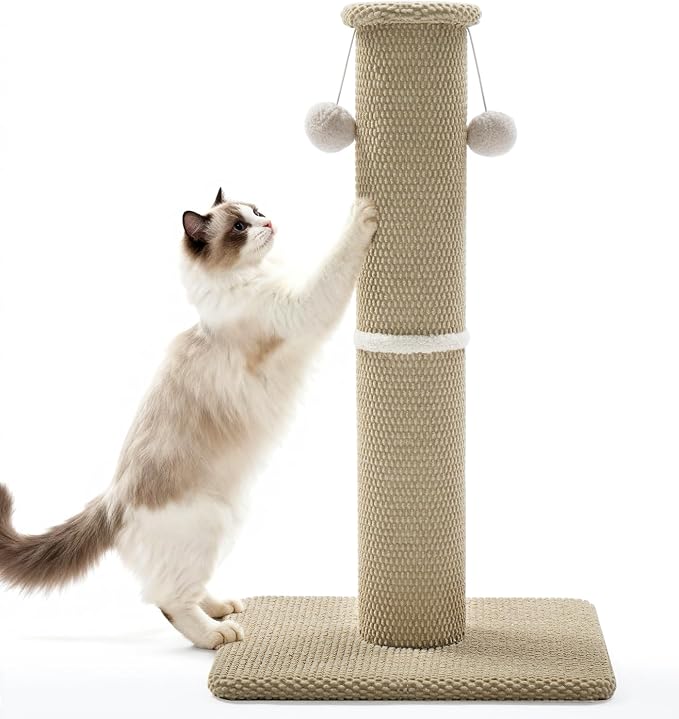 Made4Pets Tall Cat Scratching Post, Carpet Scratcher for Indoor Cats, 33" | Reach-and-Stretch Height, Wide Base, Hanging Balls for Play, Easy Assembly with Tools, For Adult and Larger Cats, Beige by Made4Pets