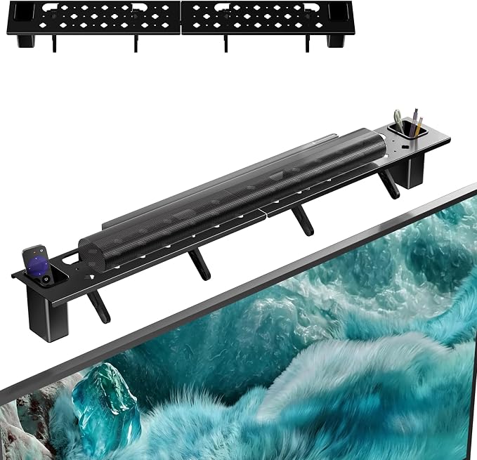 WALI Soundbar Mount, No Drilling TV Top Shelf with 2 Storage Boxes, Floating Monitor Shelves for Router, Cable Box, Game Console Storage, TV Remote Holder, Up to 5.5Lbs, 17.3"x4.3"(TSH004-2B), Black by WALI
