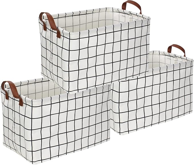 CLOCOR Rectangular Storage Basket, Collapsible Storage Bin, Gift Basket (3 pack White checks) by CLOCOR