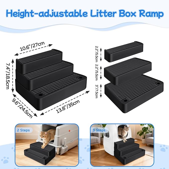 Extra Large 3 Steps Litter Box Ramp, Adjustable Cat Litter Box Step with Filter Function, Easy to Clean Cat Litter Stair Catcher for Elderly Cats and Kitten (Black) - Image 2