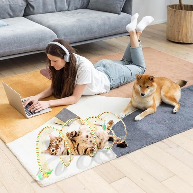 2-Pack Large Cat Tunnel Beds - Indoor & Outdoor,Kitten Collapsible Spring Tunnel Toy with Feather and Bell,Interactive Spring Toys for Cats & Kittens（Yellow and Blue） - Image 7