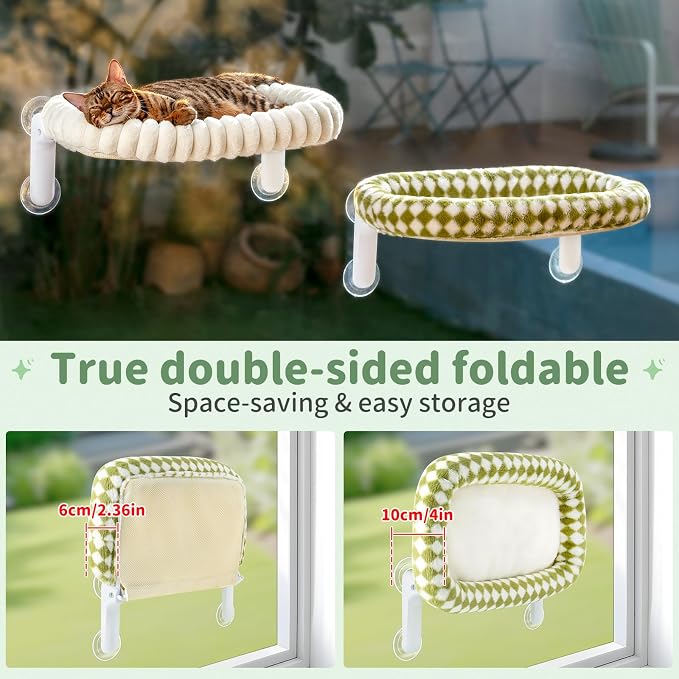 Sunhoo Cat Window Perch Bed Foldable Kitty Windowsill Hammock Shelf Seat Large Cats Suction Cup Indoor Kitten Window Sill Lounger with Soft Plush Cushion Machine Washable 21.26 * 11.8in (Green, M) - Image 3