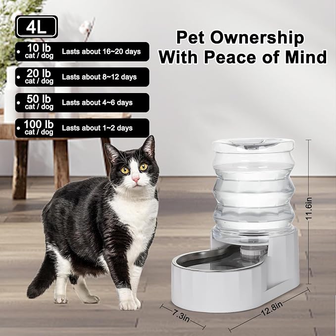 RIZZARI 4L Gravity Cat Water Dispenser: Filter-Free Compact Home Use | No Power Needed/Stainless Steel Bowl/Spill-Resistant Base/Perfect For Cats & Small Dogs/Easy Water Refill - Image 2