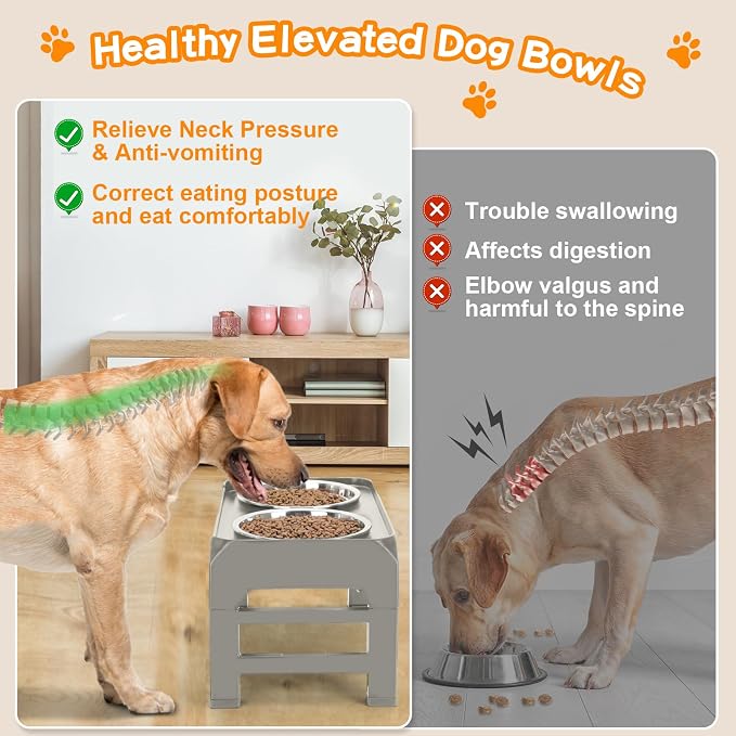 Elevated Bowls, 4 Height Adjustable Raised Stand With 2 Thick 50oz Stainless Steel Food Bowls, Non-Slip Feeder for Dogs, Adjusts to 3.7", 9.2", 10.75", 12.36" Light Brownish Gray - Image 3