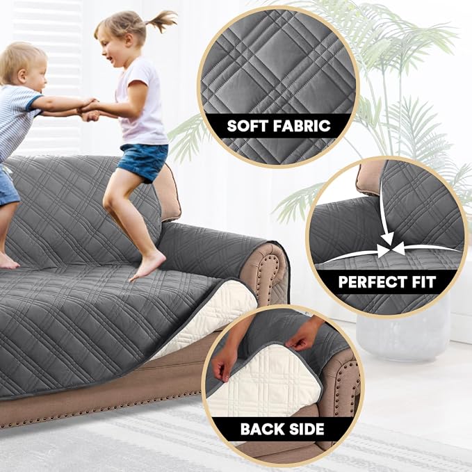 PrinceDeco 100% Waterproof Couch Cover for 3 Cushion Couch Sofa Pet Friendly Non-Slip Couch Cover for Dogs Washable Water Resistant Furniture Protector with Elastic Straps(Sofa 68", Grey) - Image 3