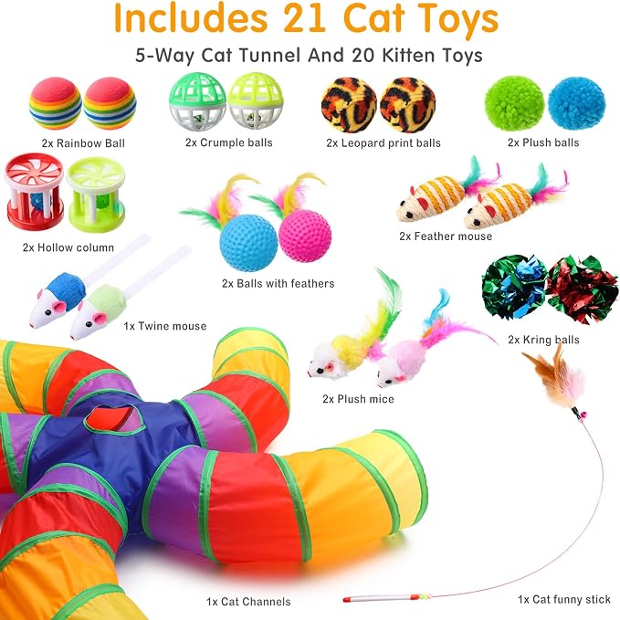 Poen 21 Pcs Cat Tunnel for Indoor Set Collapsible 5 Way Tubes with 20 Pcs Cat Kitten Toys Interactive Feather Toy Mouse Crinkle Balls Tube for Puppy Kitten Rabbit(Colorful) - Image 2
