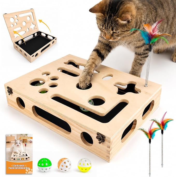 Cat Scratch Puzzle Enrichment Box, Interactive Cat Toy for 3 Balls & 2 Wand | Integrated Cat Nail File Scratcher - Stress Free Alternative to Clippers & Grinders for Indoor Cats by Unknown