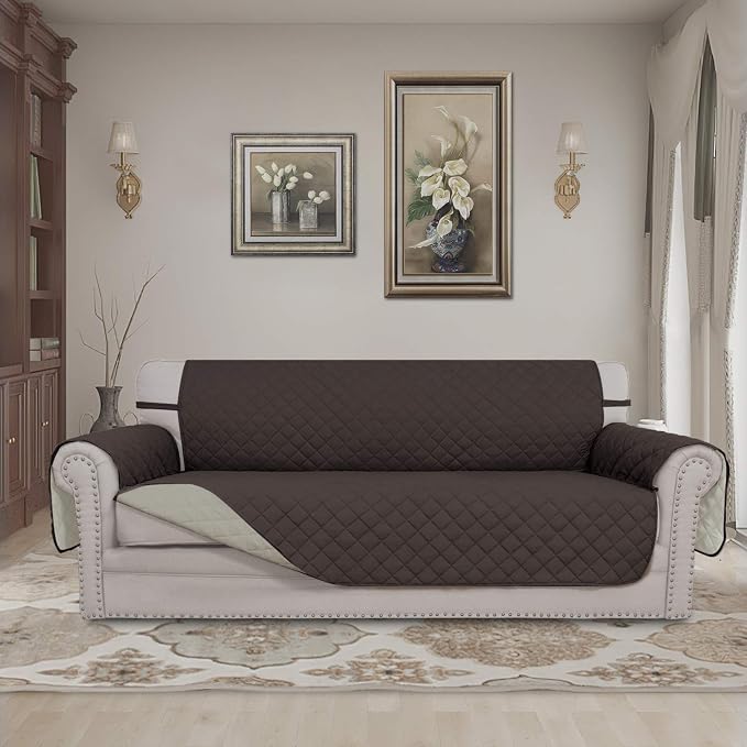Easy-Going 4 Seater Sofa Slipcover Reversible Sofa Cover Water Resistant Couch Cover with Foam Sticks Elastic Straps Furniture Protector for Pets Children Dog Cat (XX-Large, Chocolate/Beige) | XX-Large Sofa, Washable Slipcover For Dogs, Water Resistant... - Image 2