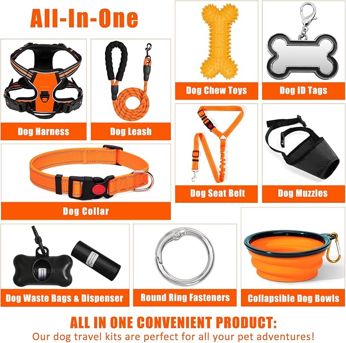 No Pull Dog Harness Adjustable Collar & Leash Set - Dog Halter Harnesses Collapsible Bowls & Poop Bag Dispenser Muzzle ID Tags Toys Fits Small Medium Large Dogs (Orange-L) - Image 2