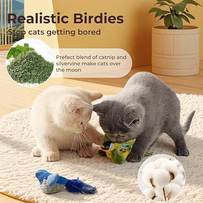 2-pack catnip cat toys that stimulate indoor cats' natural hunting instincts,Interactive plush bird toy with realistic chirping sounds to tease your cat (Green artificial bird + blue artificial bird) - Image 3