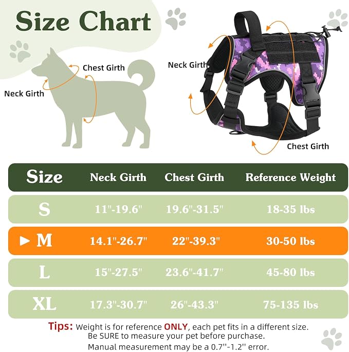 VavoPaw Heavy Duty Tactical Dog Harness for Medium Dogs, No Pull Adjustable | Pet Harness Reflective Service Training Easy Control Pet Vest Military K9 Working Dog Harnesses（Purple Camouflage, M） - Image 2