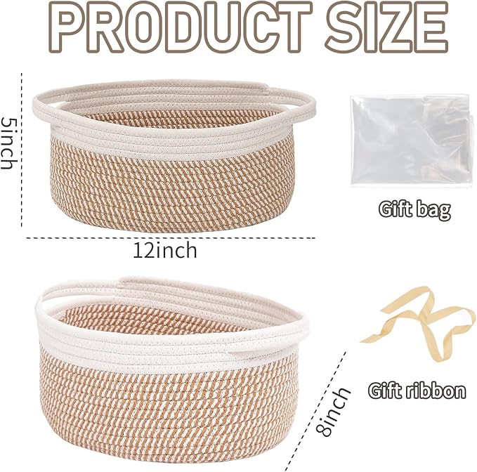 JMvicyroam Small Woven Basket, Empty Gift Basket, White&Brown Block/3 Pack | Small Gift Basket, Cotton Rope, 12 x 8 x 86 in, Handles, Includes Ribbon and Bag, Birthday Gift Basket - Image 2