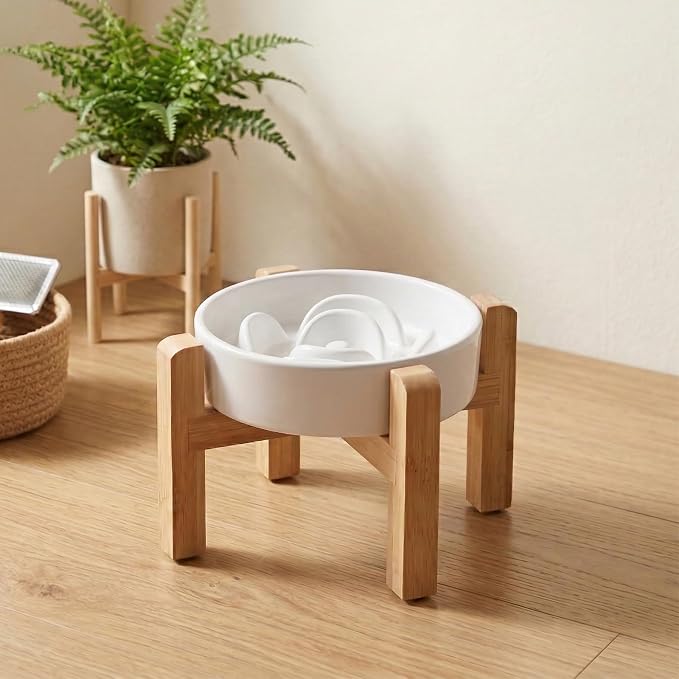Elevated Ceramic Slow Feeder Dog Bowls Anti-Choking Slow Feeding for Small&Medium Size Anti-Slip Non-Lead & Toxic Durable Easy to Clean Maze Slow Feeder Bowl（8.26in White Flower Pattern） - Image 7
