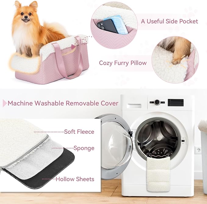 PETSFIT Cat Car Seat, Portable Console Dog Car Seat with Safe Protective Hooks, Luxury Pet Car Seat Includes Safety Leash and Storage Pocket for Pets Up to 9 lbs (Pink) - Image 7