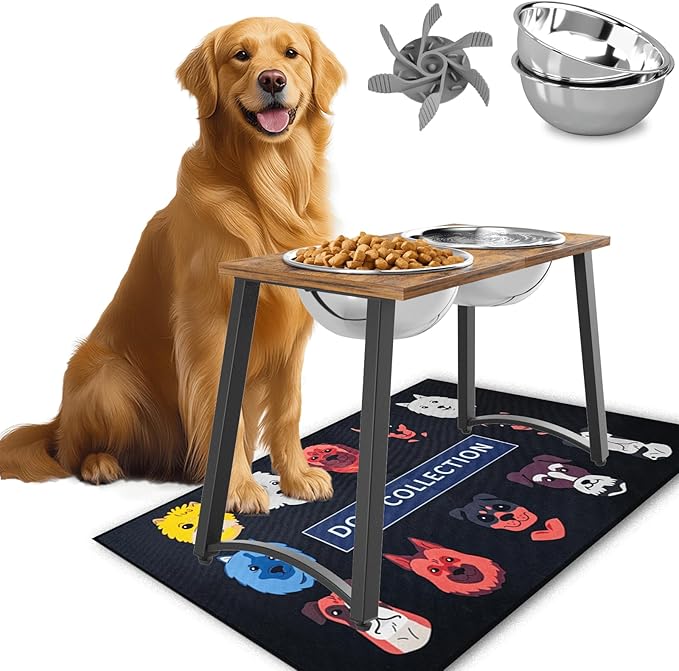 Elevated Dog Bowls for Large Dogs with Slow Feeder & Mat, 101oz Bowls, Tall Raised Dog Bowl Stand by TIDANT