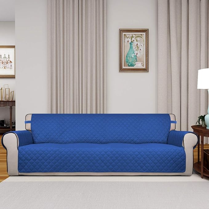 PureFit Reversible Quilted Couch Covers for Dogs Sofa Cover 4 Seater 88" | Classic Blue/Ivory, Water Resistant Couch Protector, Washable Pet Couch Cover with Non Slip and Elastic Straps For Kids - Image 2