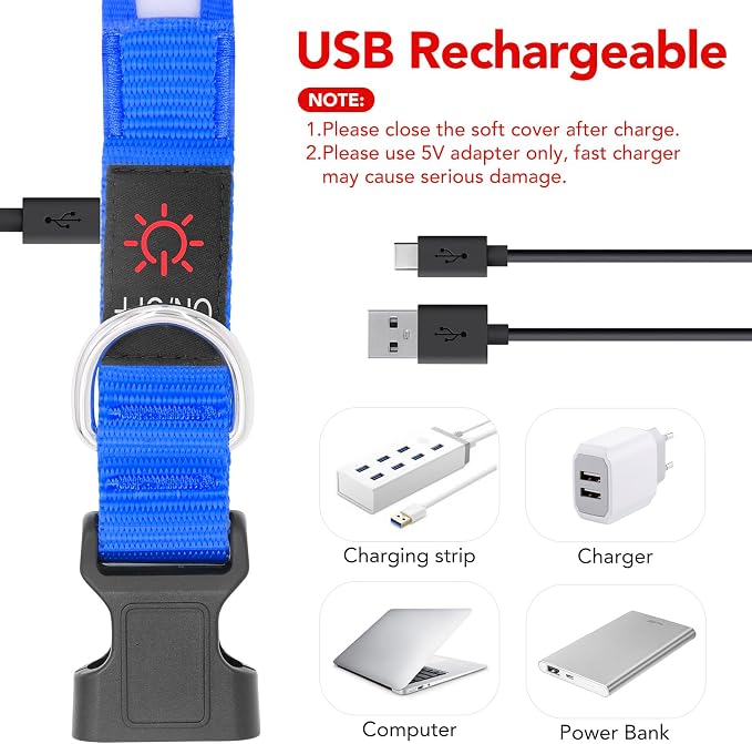 Vizpet LED Dog Collar, Light Up Dog Collar Adjustable USB Rechargeable Super Bright Safety Light Glowing Collars for Dogs(Medium,Blue) - Image 3