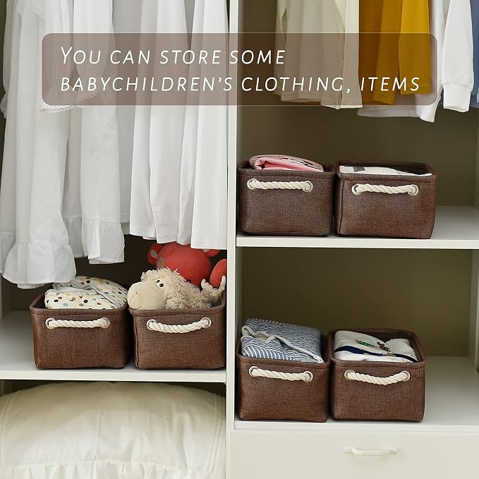 TheWarmHome Storage Basket for Organizing - 12x8x5 inch Small 6 Pack Collapsible Storage Bin for Shelves with Handles, Canves Storage Box for Cloth Closet Organizer Gift Toy (Brown) - Image 2