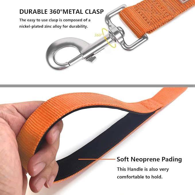 6 FT Reflective Dog Leash for Medium Dogs,Orange | Padded Handle,Metal D-Ring,Heavy Duty Nylon Webbing, for Walking & Training - Image 4