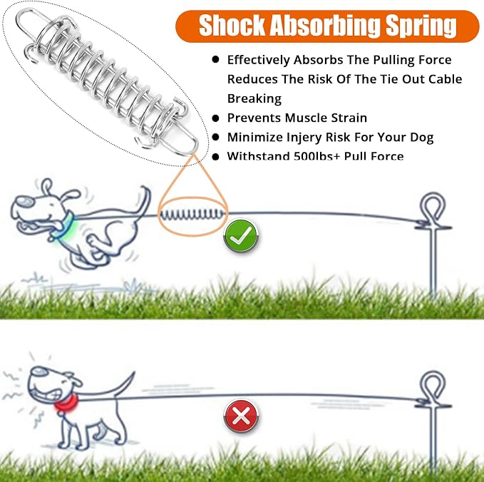 jenico Dog Tie Out Cable - 30 ft Heavy Duty Dog Lead for Yard | Outdoor Runner Cable with Swivel Hook and Shock Spring for Small Medium Large Dogs Up to 500 lbs Dog Tether for Yard Camping - Image 3