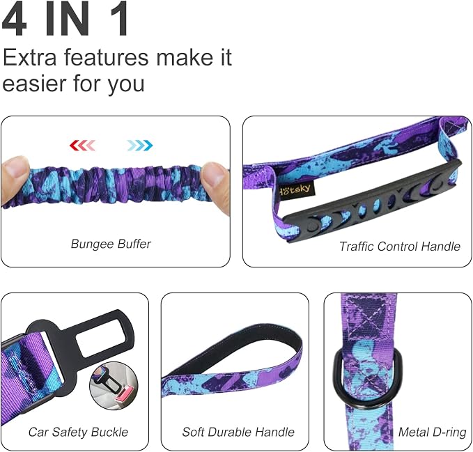 Hotsky Tactical Bungee Shock Absorbing No Pull Dog Leash,Purple Camo,4-6FT | Heavy Duty for Medium Large Dogs That Pull up to 660 lb,with Padded Double Handle ＆ Car Seatbelt,360°Rotating Locking Clasp - Image 4