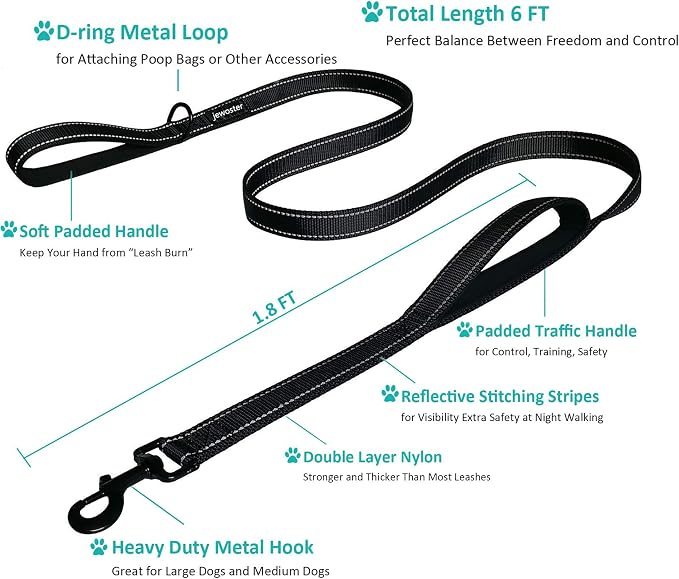 Heavy Duty Dog Leash - 2 Handles by Padded Traffic Handle for Extra Control, 6foot Long - Perfect for Medium to Large Dogs (6 ft, Black Red) - Image 2